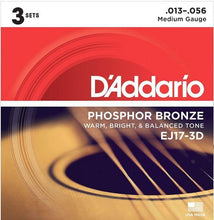 Carregar imagem no visualizador da galeria, D&#39;Addario EJ17 Phosphor Bronze Acoustic Guitar Strings - Medium 13-56 (3 Pack) - Tensolo Music Co.