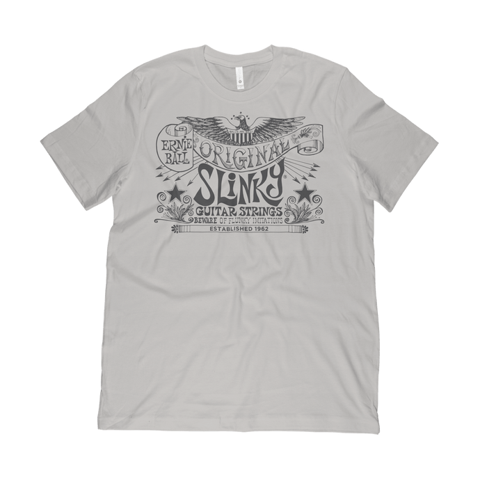 Often imitated, never duplicated - The original slinky art work as created by Rolly Crump. Beware of flunky imitations! Screen printed gray ink on silver poly cotton jersey t-shirt. 65% polyester, 35% combed ring-spun cotton, 3.5oz fabric.
