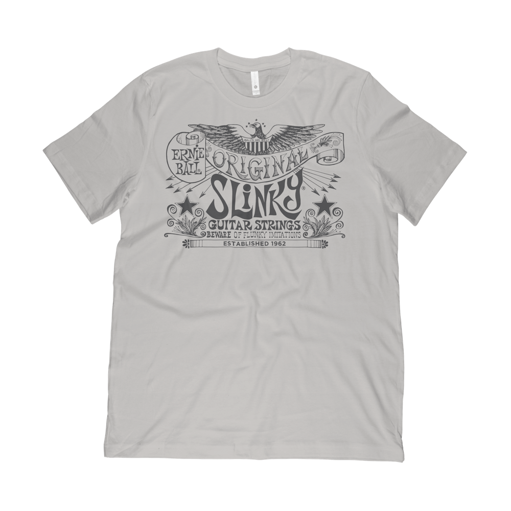 Often imitated, never duplicated - The original slinky art work as created by Rolly Crump. Beware of flunky imitations! Screen printed gray ink on silver poly cotton jersey t-shirt. 65% polyester, 35% combed ring-spun cotton, 3.5oz fabric.