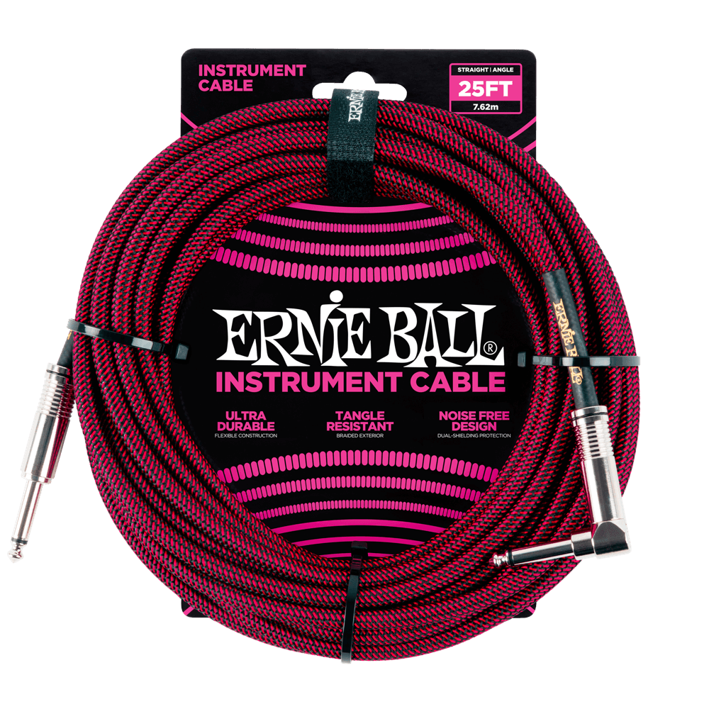 Ernie Ball 25' Braided Straight/Angle Instrument Cable (Black/Red)