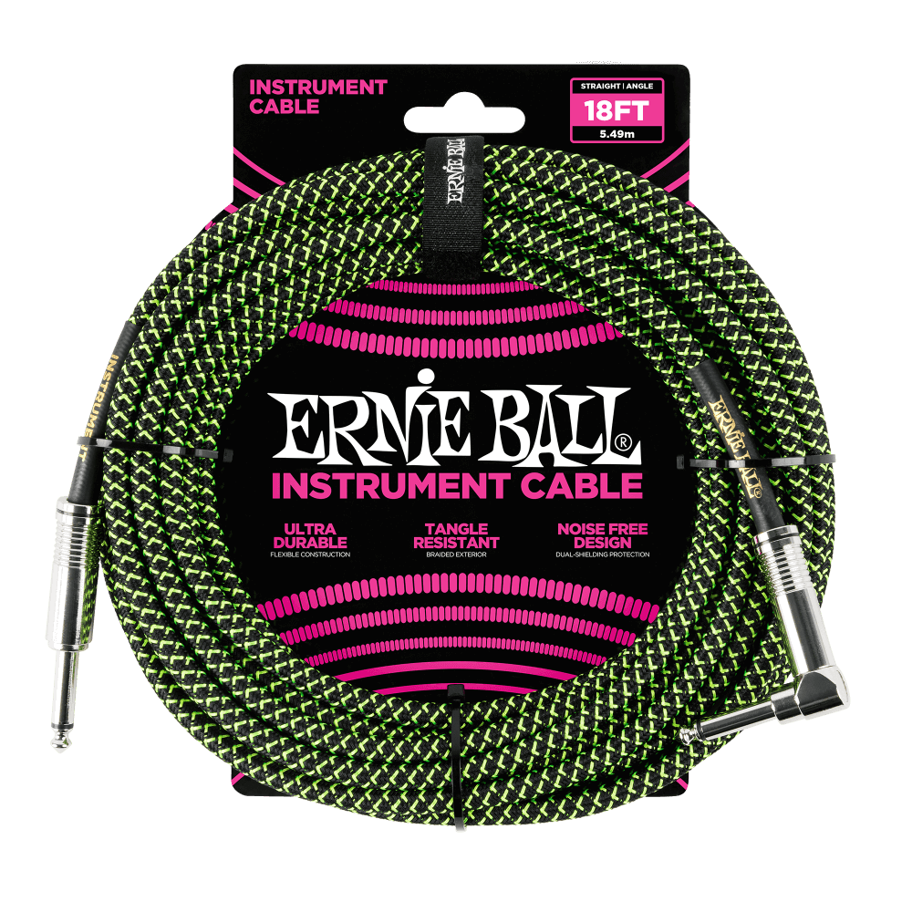 Ernie Ball 18' Braided Straight/Angle Instrument Cable (Black/Green)